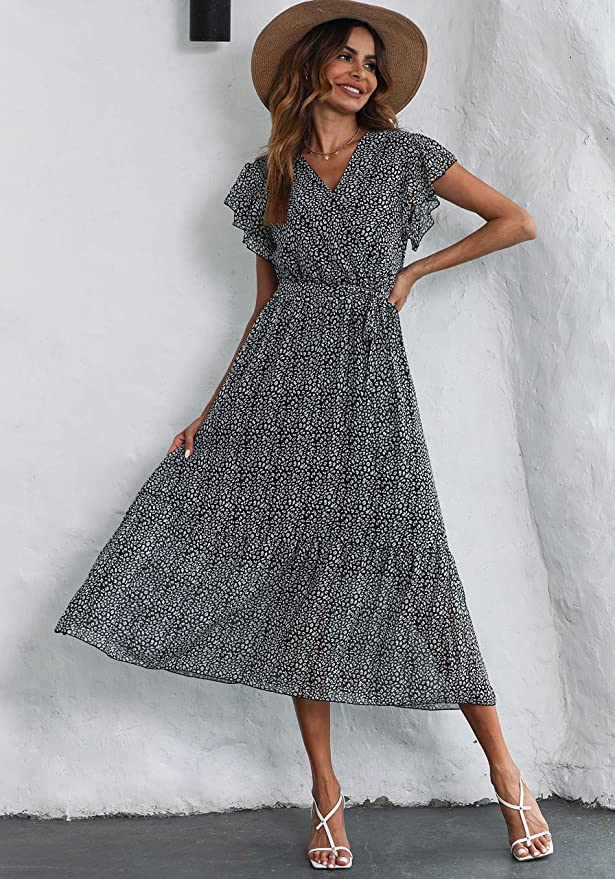 Black Women Summer Bohemian Floral Casual Wrap V Neck Ruffle Cap Sleeveless Belt A-Line Pleated Hem Swing Midi Sun Dress - BTFBM | Women's Casual Dresses