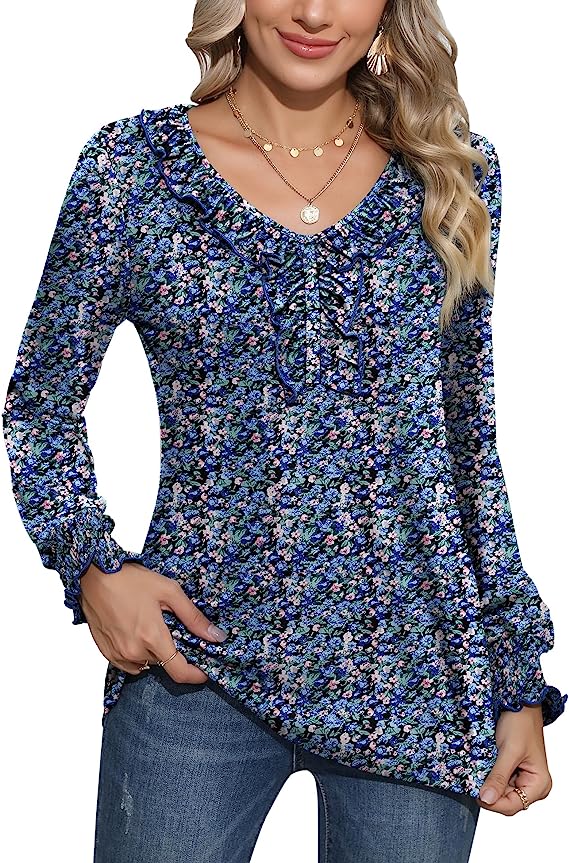 Floral Print B Casual V Neck T Shirts Loose Summer Tops Ruffle - Ivicoer | Women's Tops and Blouses