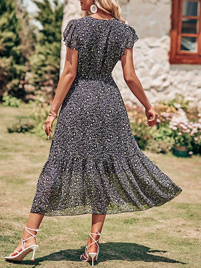 Floral White Red Women Summer Bohemian Floral Casual Wrap V Neck Ruffle Cap Sleeveless Belt A-Line Pleated Hem Swing Midi Sun Dress - BTFBM | Women's Casual Dresses