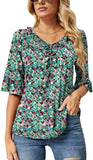 Green Floral Casual V Neck T Shirts Loose Summer Tops Ruffle - Ivicoer | Women's Tops and Blouses