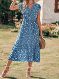 Floral White Blue Women Summer Bohemian Floral Casual Wrap V Neck Ruffle Cap Sleeveless Belt A-Line Pleated Hem Swing Midi Sun Dress - BTFBM | Women's Casual Dresses