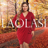 Womens Plus Size Long Sleeves & Sleeveless Deep V Neck Dress Warm Winter Sexy Bodycon Wrap Dress with Front Slit