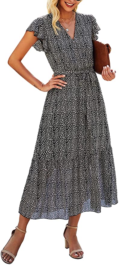 Black Women Summer Bohemian Floral Casual Wrap V Neck Ruffle Cap Sleeveless Belt A-Line Pleated Hem Swing Midi Sun Dress - BTFBM | Women's Casual Dresses