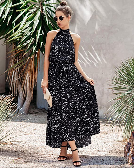 Black Women's Casual Halter Neck Sleeveless Floral Long Maxi Dress Backless Loose Ruffle Sundress with Belt - PRETTYGARDEN | Women's Formal Dresses