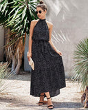 Black Women's Casual Halter Neck Sleeveless Floral Long Maxi Dress Backless Loose Ruffle Sundress with Belt - PRETTYGARDEN | Women's Formal Dresses