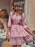 Pink Floral Print Women's Boho Tribal Print Short Sleeve V Neck Tie Back Summer Shift Dress - Romwe | Women's Casual Dresses