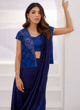 Farah Talib Aziz Ocean Navy Draped Saree with Cutwork Embellished Cape Online Shopping