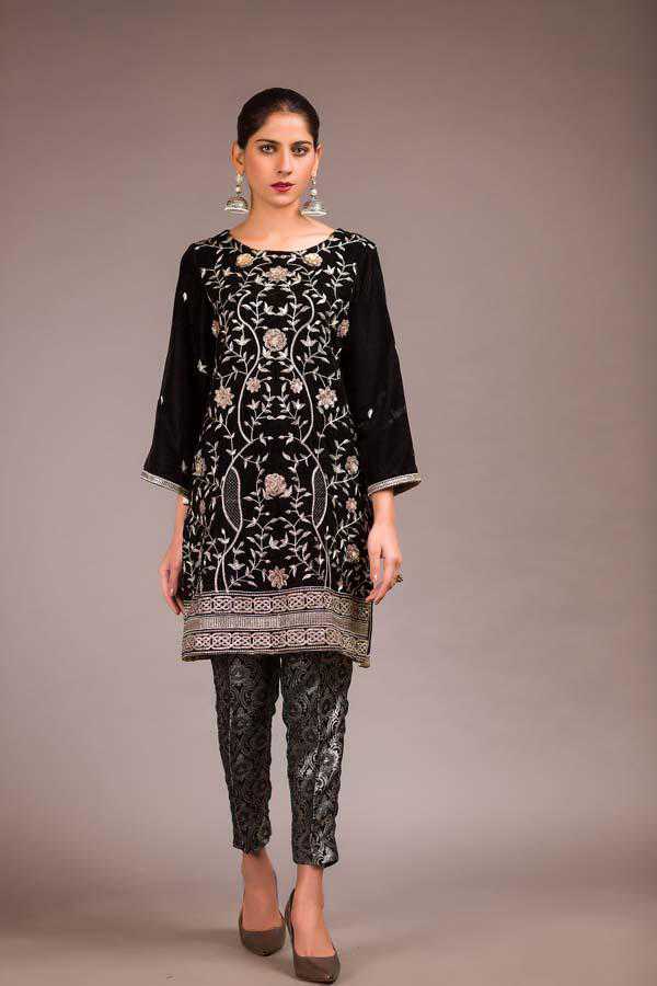 Adan Libas Flory Black Resham Velvet Kurti 2021