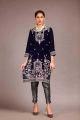 Adan Libas Blue Charcoal Resham Velvet Kurti 2021