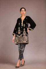 Adan Libas Royal Black Resham Velvet Kurti 2021