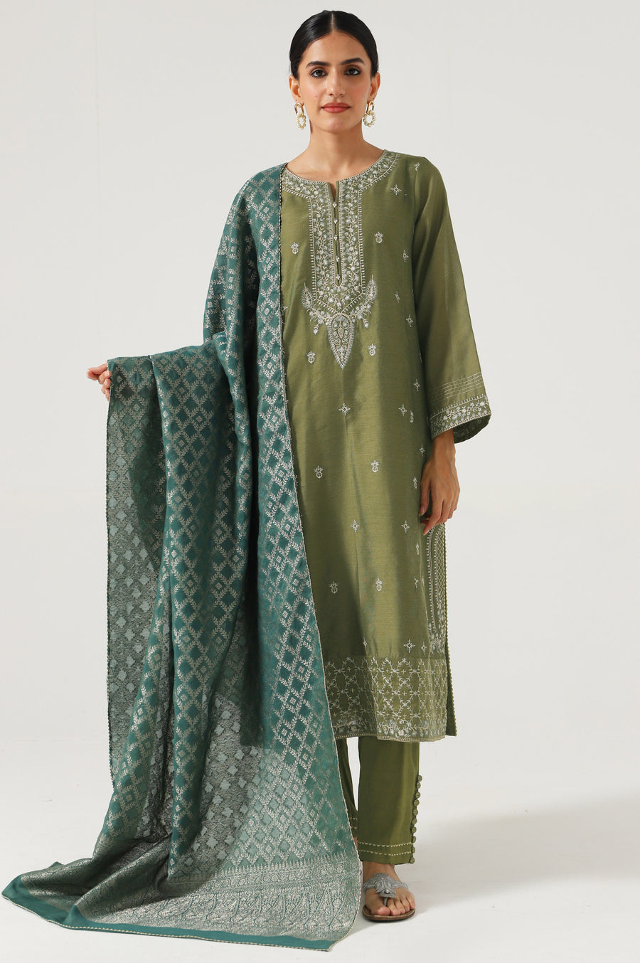 Zeen Woman 3 Piece Embroidered Cotton Net Suit WUM32321 Fern Green Winter Collection Vol 1 2022 Online Shopping