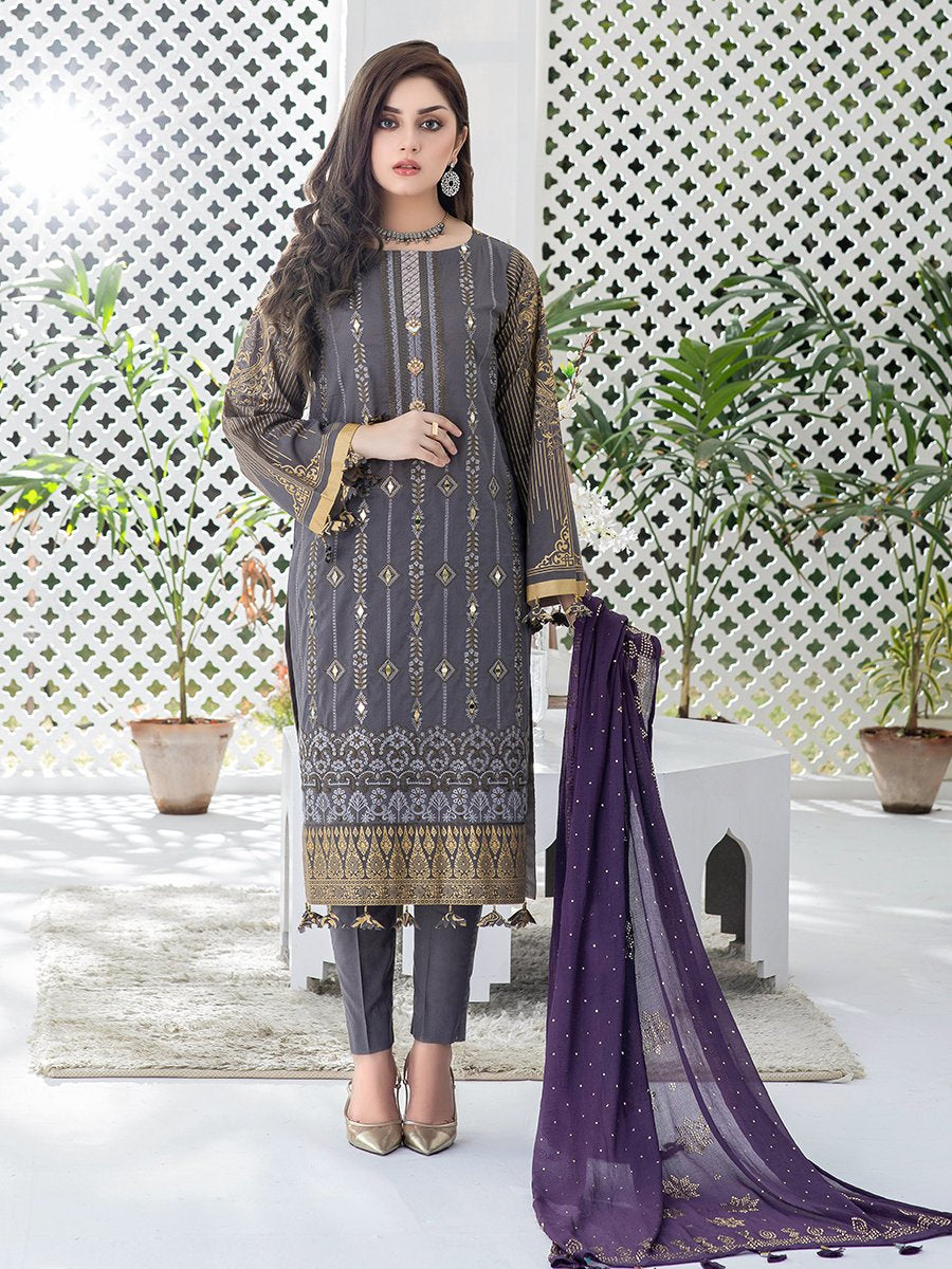 3pc Embroidered Shirt Front With Printed Lawn Back Sleeves With Mukesh Chiffon Dupatta Dyed Cambric Trouser Oznur Wk 00709 Salitex Summer Collection 2021