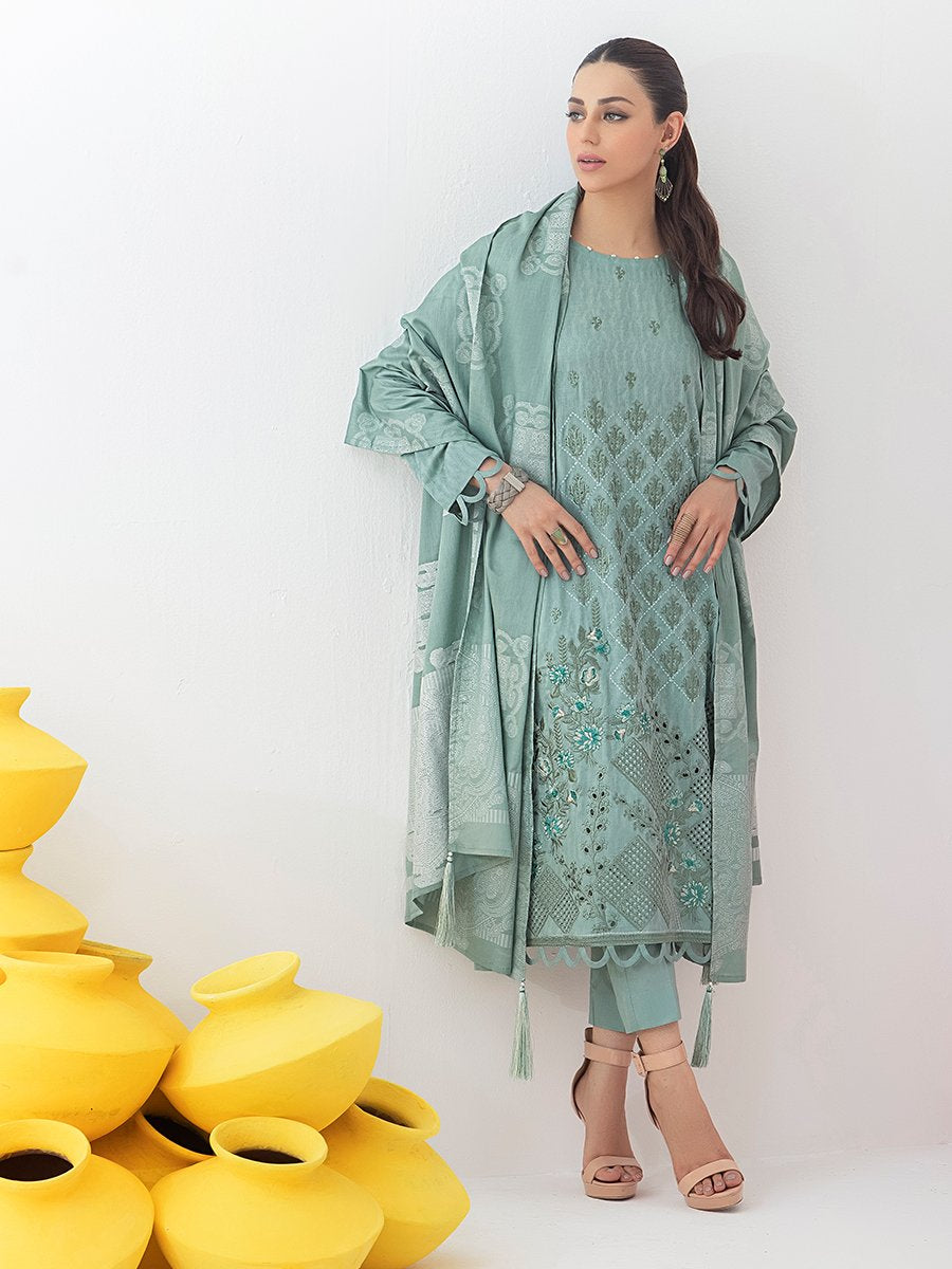 Allechant 3pc Embroidered Jacquard Shirt With Lawn Jacquard Dupatta Dyed Cambric Trouser Signature Series Wk 00768 Salitex Summer Collection 2021