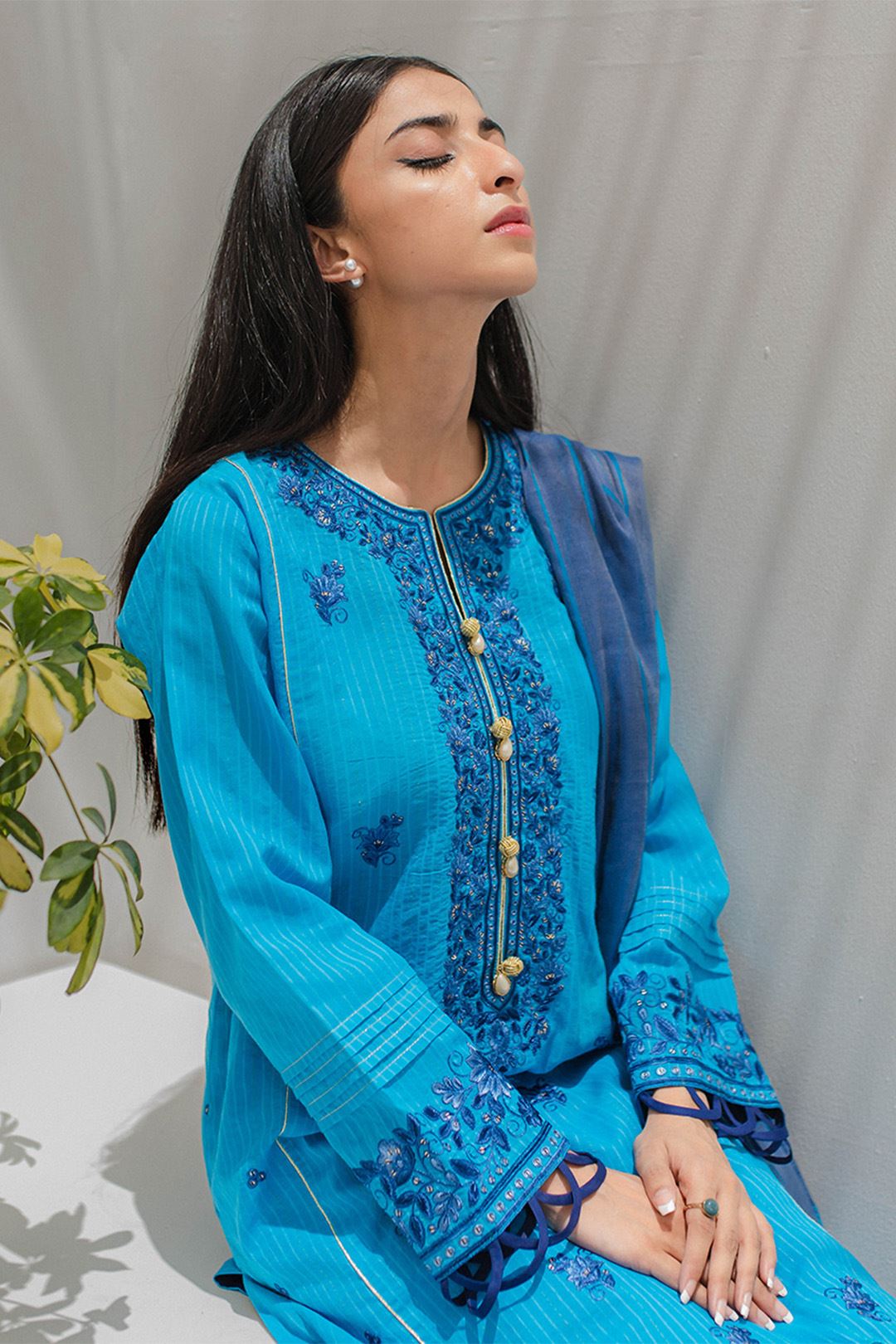 Zellbury Embroidered Shirt Shalwar Dupatta Blue Lawn Suit