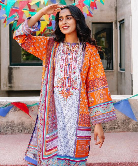 orange lawn dress Orange Schiflli Embroidered Lawn